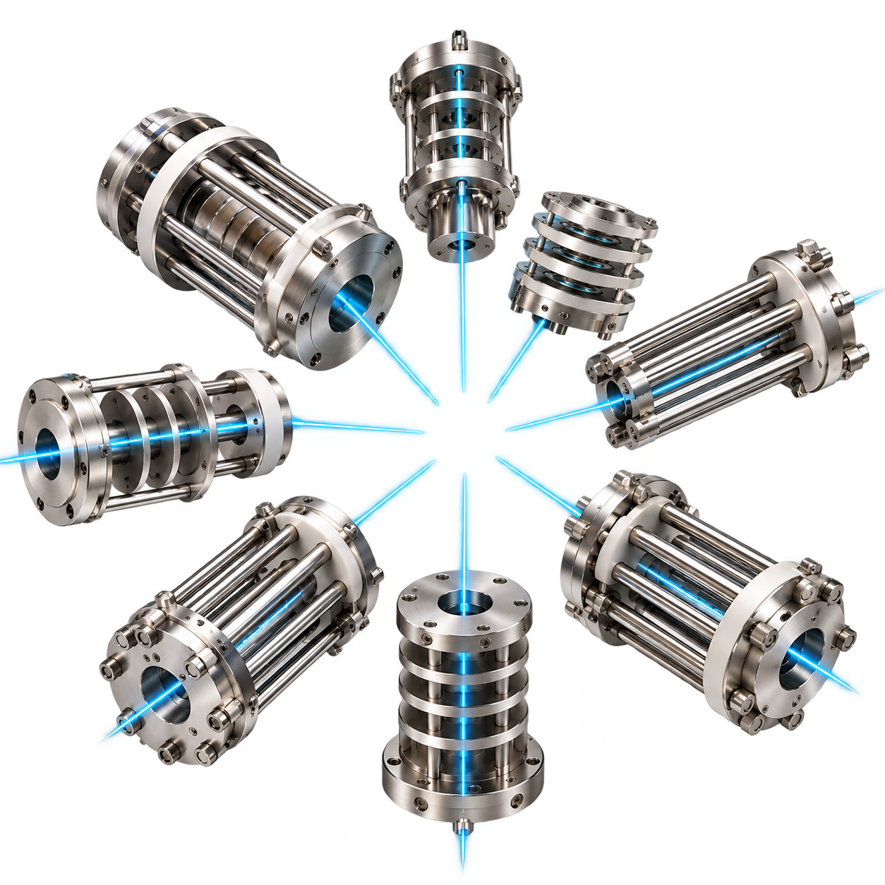 Metallic mass spectrometry rod assemblies and electrostatic lenses arranged in a circle, with straight cyan ion trajectories passing along their central axes